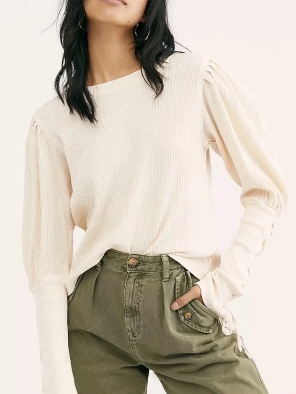 NWOT Free People Ivory Puff Long Sleeve Ribbed Knit Top with Lace-Up Cuffs S